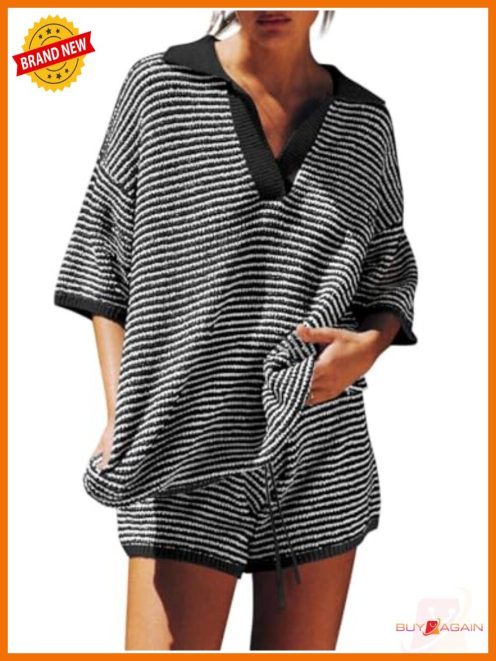 Women's 2 Piece Lounge Set V Neck Knit Top Drawstring Shorts Casual Travel